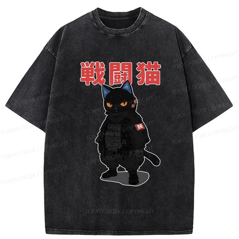 Tokyo-Tiger Fighting Cat Washed T-Shirt