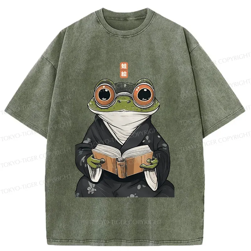 Tokyo-Tiger Frog Reading Washed T-Shirt