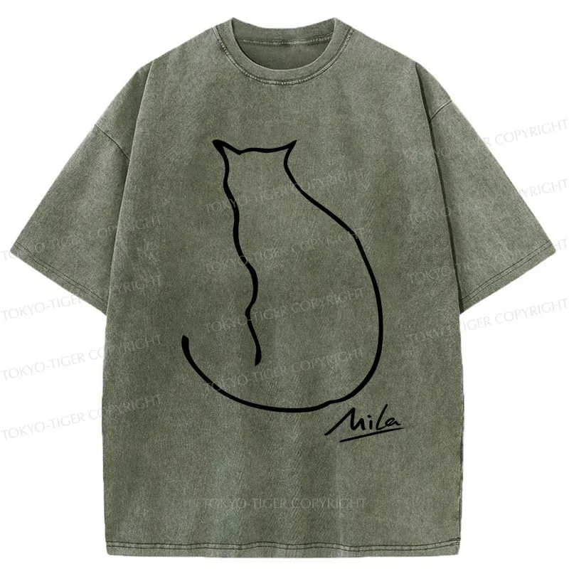 Tokyo-Tiger Simple Drawing Cat Washed T-Shirt
