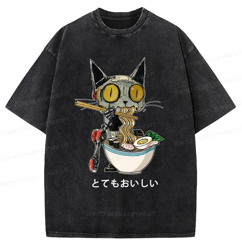 Tokyo-Tiger Ramen Lover Robot Cat Washed T-Shirt