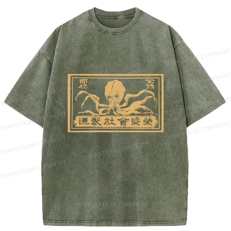 Tokyo-Tiger Woodcut Octopus Washed T-Shirt