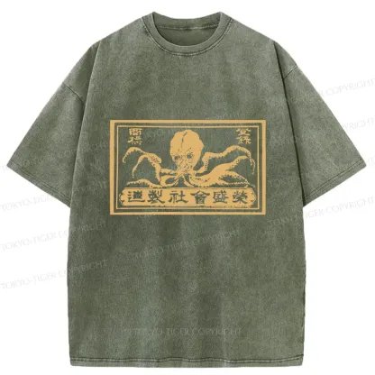 Tokyo-Tiger Woodcut Octopus Washed T-Shirt