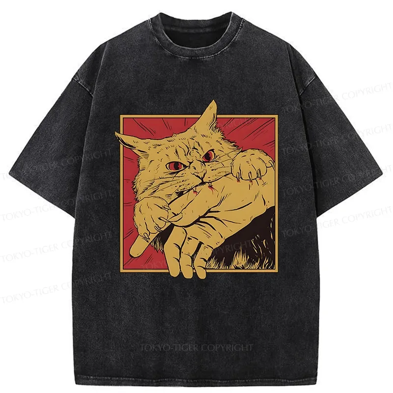 Tokyo-Tiger Retro Cat Biting Hand Washed T-Shirt Sale