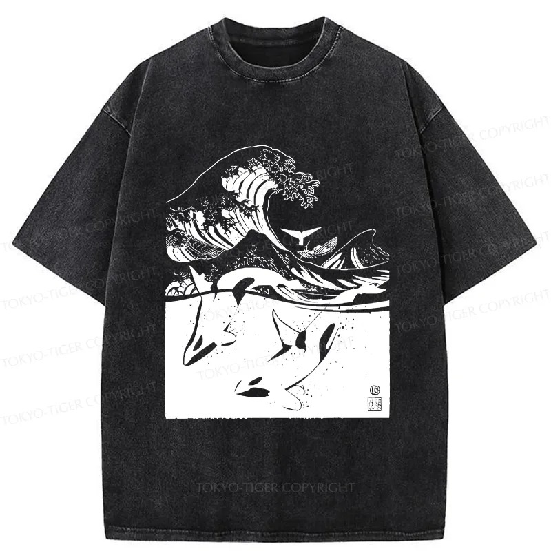 Tokyo-Tiger Whales In The Great Waves Washed T-Shirt