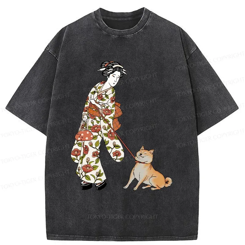 Tokyo-Tiger Geisha Walking Her Dog Washed T-Shirt