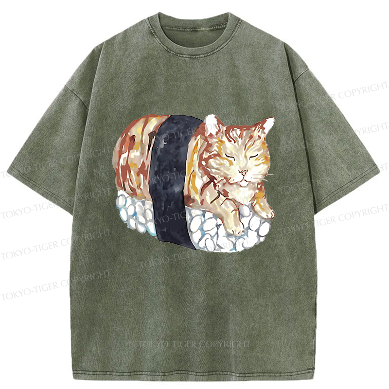 Tokyo-Tiger Sushi Cat Washed T-Shirt