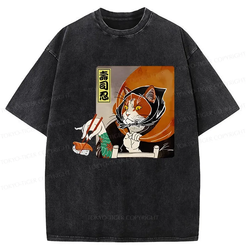 Tokyo-Tiger Sushi Ninja Cat Washed T-Shirt Sale
