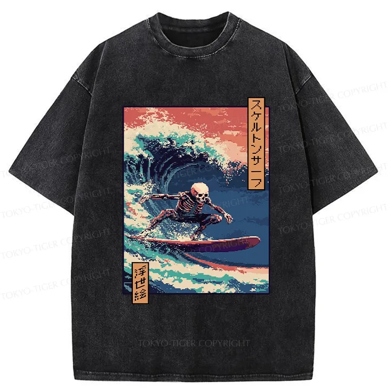 Tokyo-Tiger Skeleton Surfing Washed T-Shirt