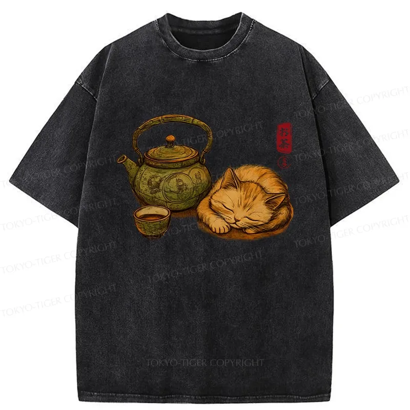 Tokyo-Tiger Tea Ceremony With Cat Washed T-Shirt