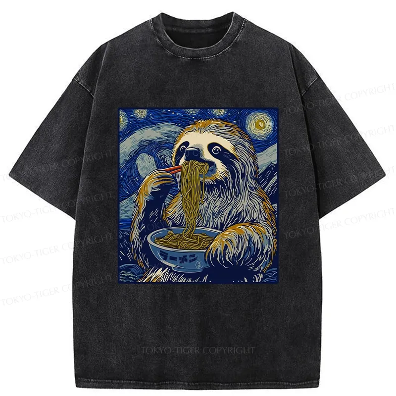 Tokyo-Tiger Ramen Lover Cute Sloth Washed T-Shirt