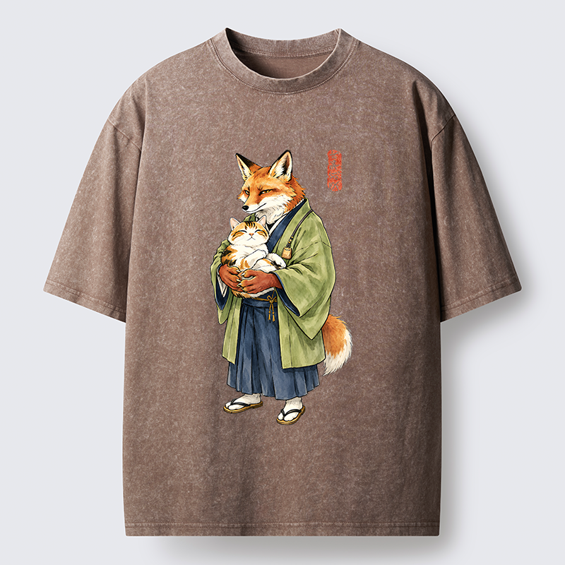 Tokyo‑Tiger Kimono Fox Holding Cat Washed T‑Shirt