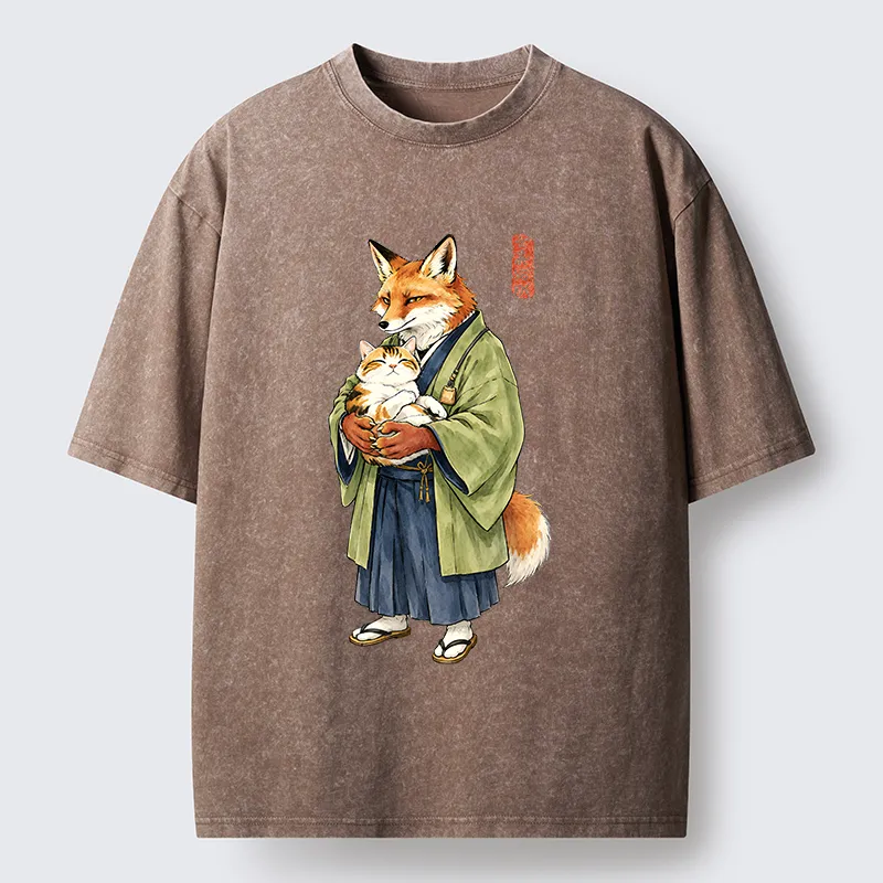Tokyo‑Tiger Kimono Fox Holding Cat Washed T‑Shirt