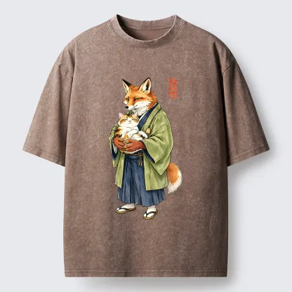 Tokyo‑Tiger Kimono Fox Holding Cat Washed T‑Shirt