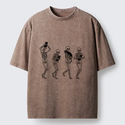 Tokyo‑Tiger Funny Skeleton Cat Meme Washed T‑Shirt