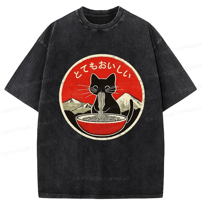 Tokyo-Tiger Cat Eating Yummy Ramen Washed T-Shirt Sale