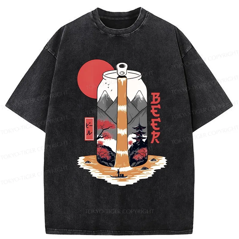 Tokyo-Tiger Japanese Retro Beer Landscape Washed T-Shirt