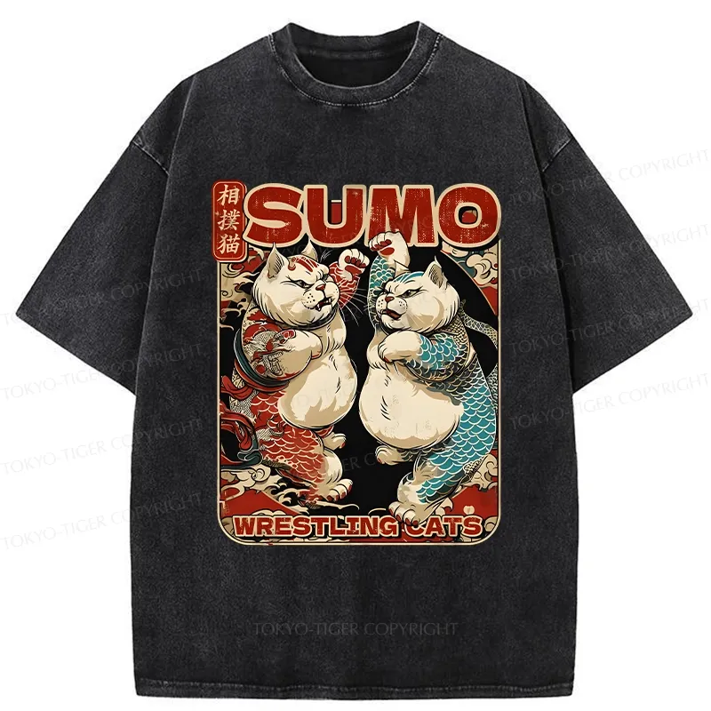 Tokyo-Tiger Wrestling Sumo Cats Washed T-Shirt Sale