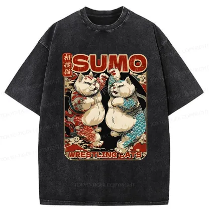 Tokyo-Tiger Wrestling Sumo Cats Washed T-Shirt