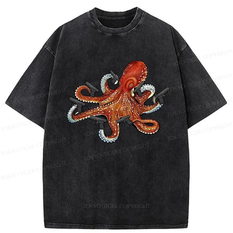 Tokyo-Tiger Funny Octopus With Guns Washed T-Shirt