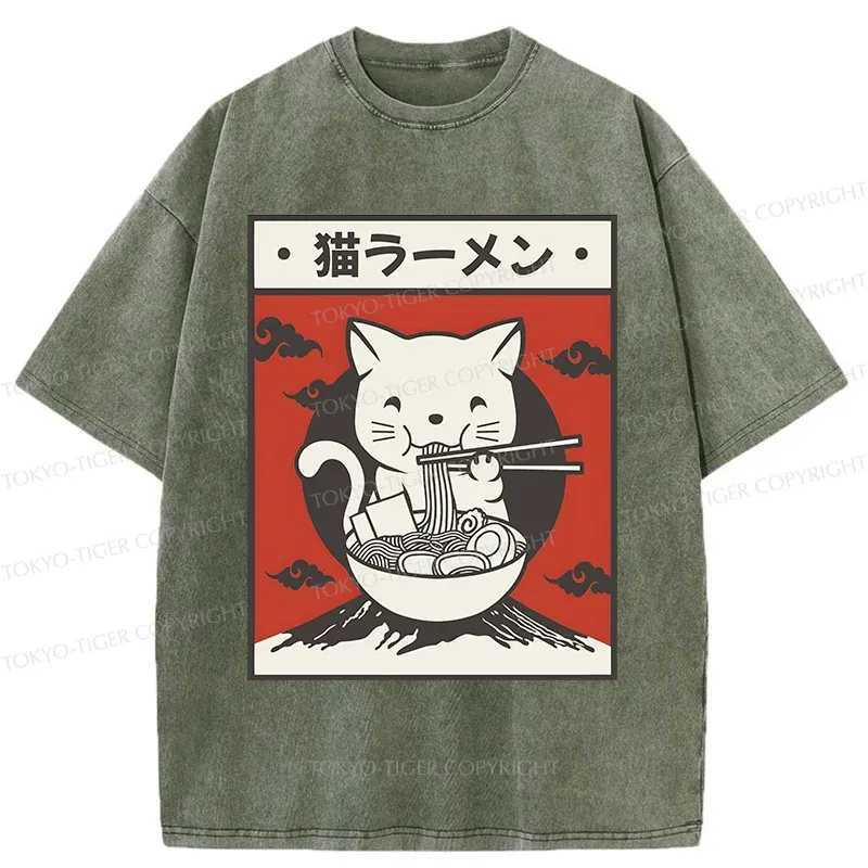 Tokyo-Tiger Retro White Cat Eating Ramen Washed T-Shirt