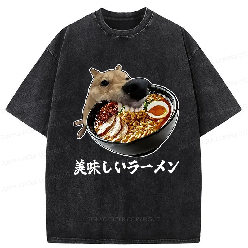 Tokyo-Tiger Funny Ramen Lover Dog Washed T-Shirt