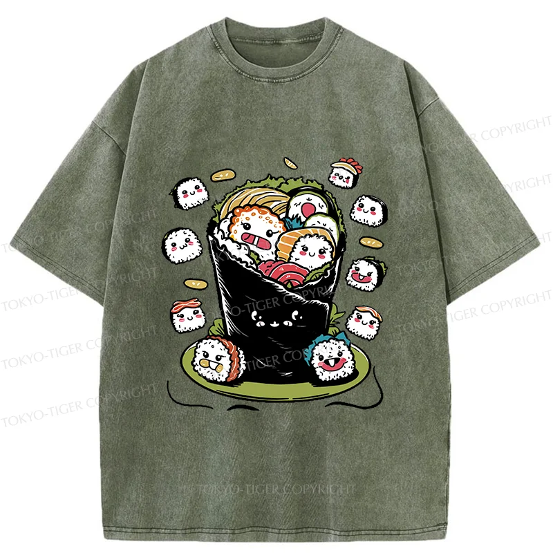 Tokyo-Tiger Sushi Burrito Funny Washed T-Shirt