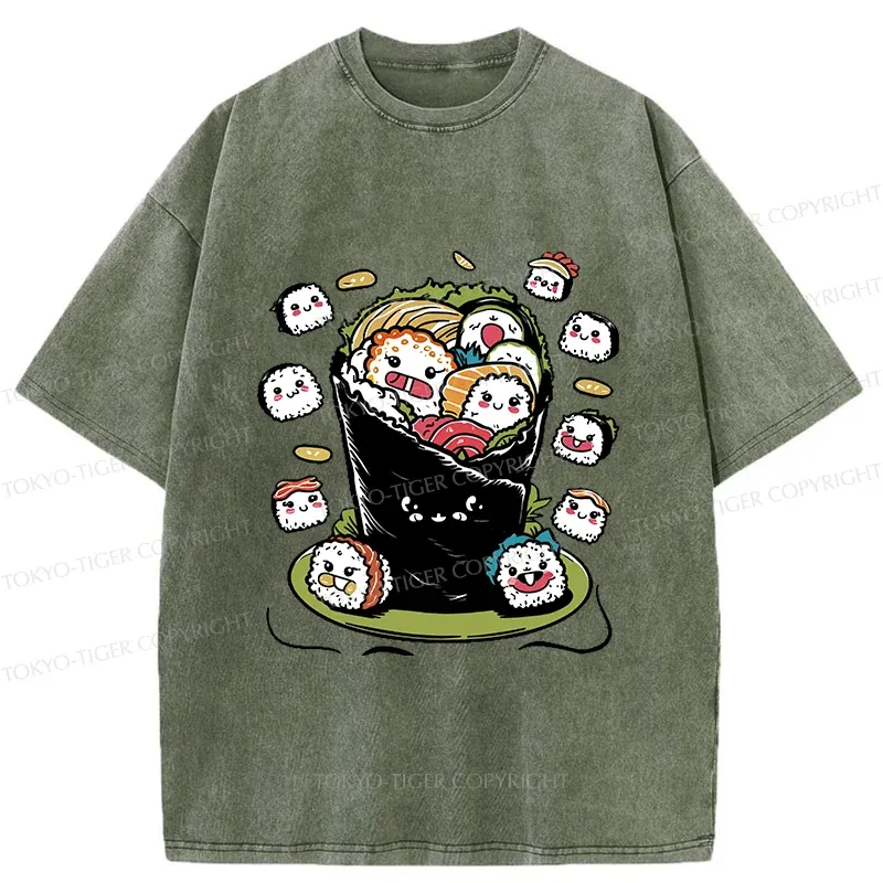 Tokyo-Tiger Sushi Burrito Funny Washed T-Shirt