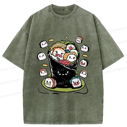 Tokyo-Tiger Sushi Burrito Funny Washed T-Shirt