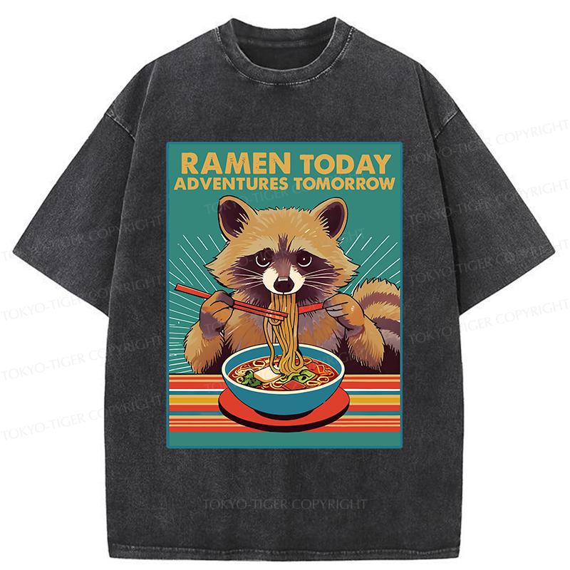 Tokyo-Tiger Raccoon Eating Ramen Washed T-Shirt