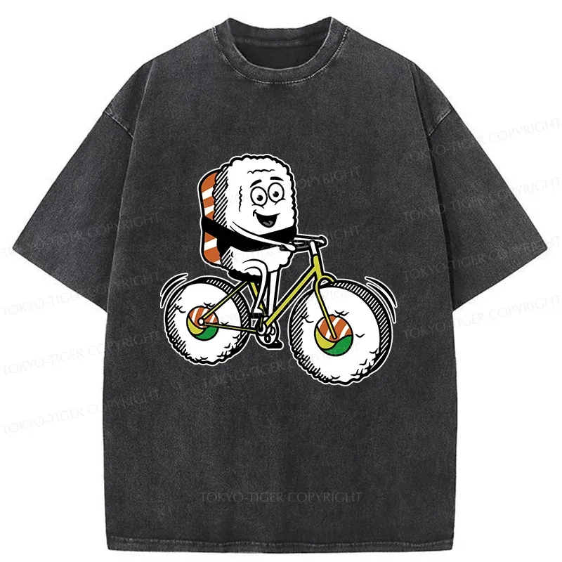 Tokyo-Tiger Cute Sushi Riding A Bicycle Washed T-Shirt