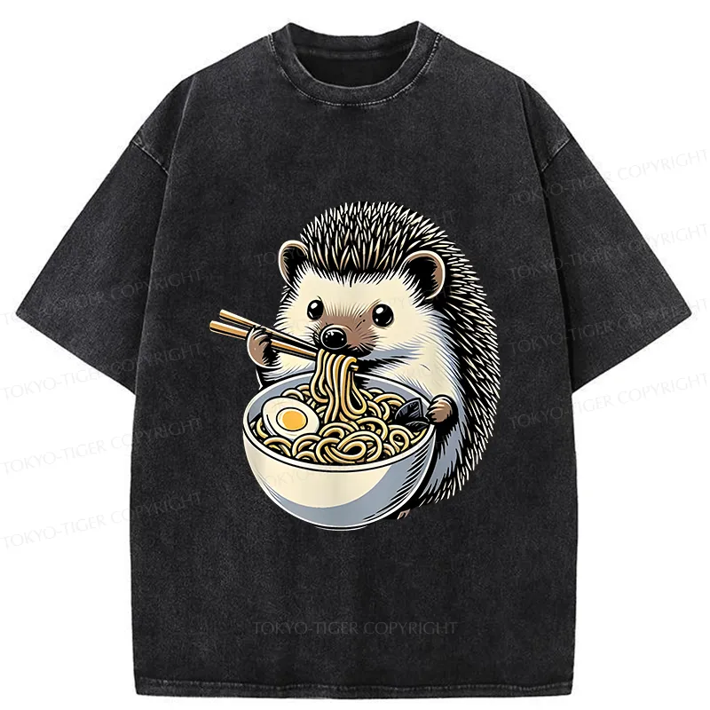 Tokyo-Tiger Hedgehog Eat Ramen Kawaii Washed T-Shirt