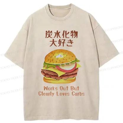 Tokyo-Tiger I Love Carbs Hamburger Washed T-Shirt