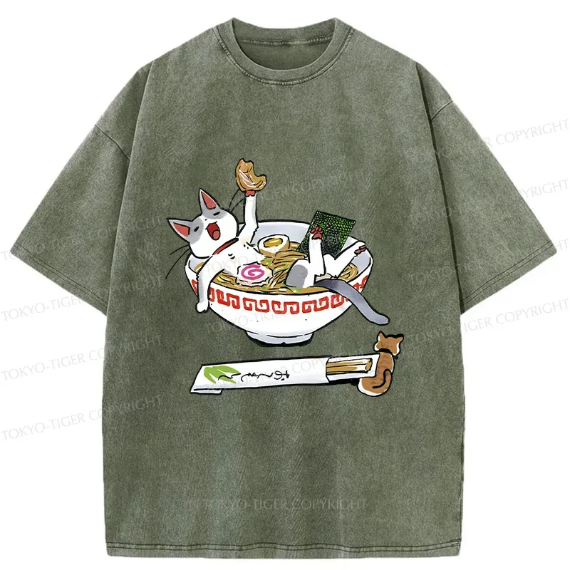 Tokyo-Tiger Cute Cat Ramen Washed T-Shirt