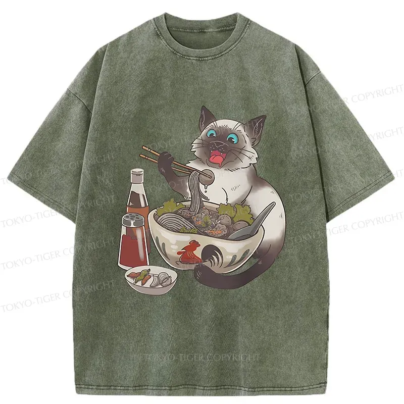 Tokyo-Tiger Siamese Cat Eating Ramen Washed T-Shirt