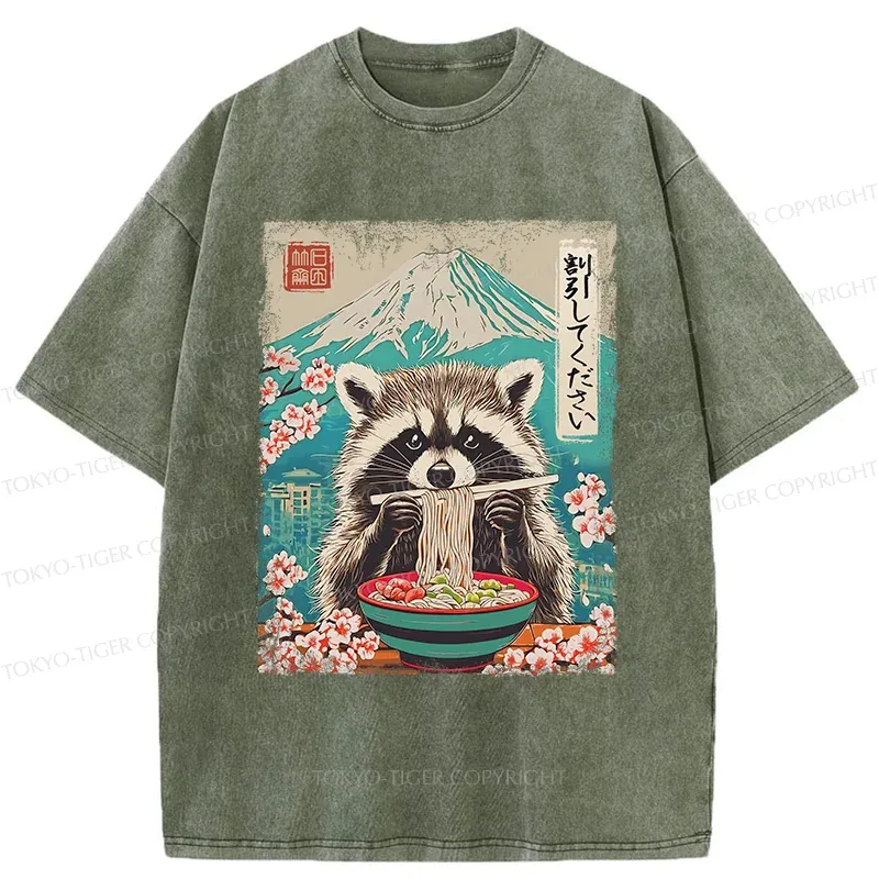Tokyo-Tiger Please Give Raccoon A Discount Washed T-Shirt