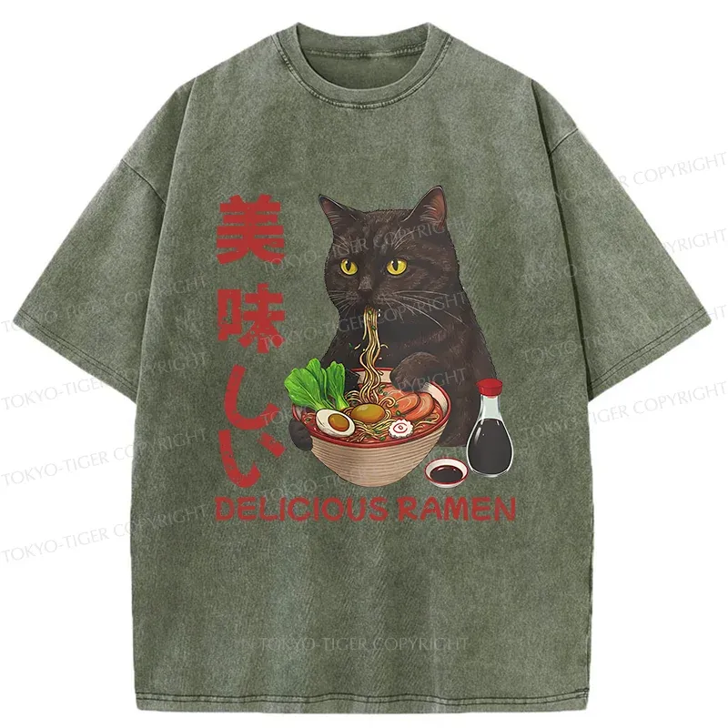 Tokyo-Tiger Black Cat Eating Delicious Ramen Washed T-Shirt