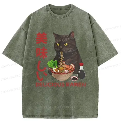 Tokyo-Tiger Black Cat Eating Delicious Ramen Washed T-Shirt
