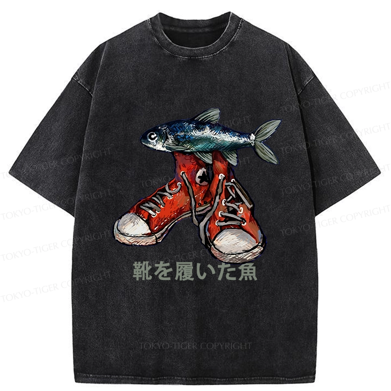 Tokyo-Tiger Fish Wearing Shoes Washed T-Shirt
