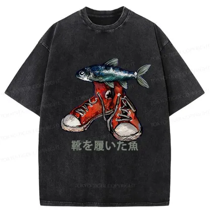 Tokyo-Tiger Fish Wearing Shoes Washed T-Shirt