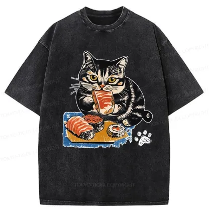 Tokyo-Tiger Sashimi Lover Cat Washed T-Shirt