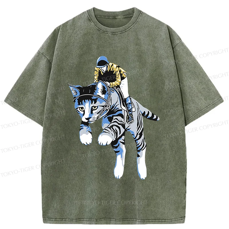 Tokyo-Tiger Cat Riding Skill Washed T-Shirt