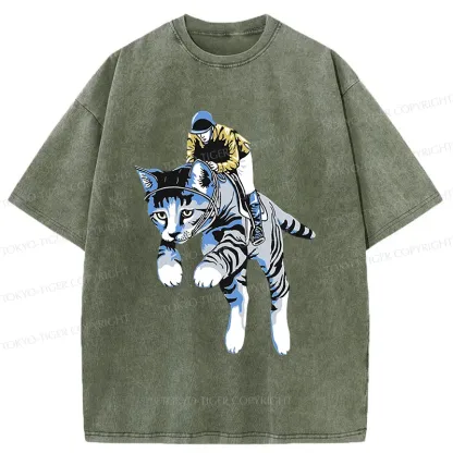 Tokyo-Tiger Cat Riding Skill Washed T-Shirt