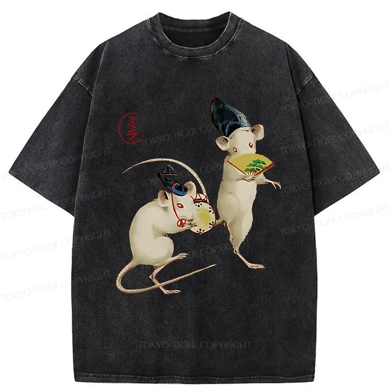 Tokyo-Tiger Retro Dancing Mouse Washed T-Shirt