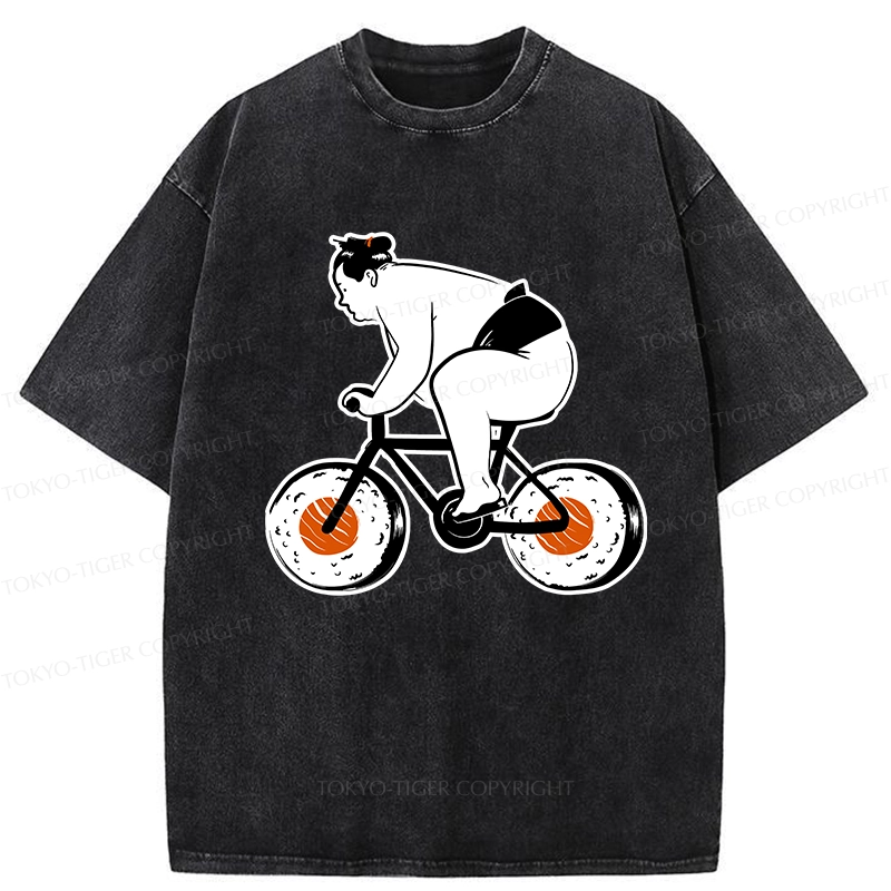 Tokyo-Tiger Sumo Riding A Sushi Bike Washed T-Shirt