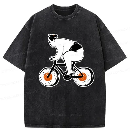 Tokyo-Tiger Sumo Riding A Sushi Bike Washed T-Shirt