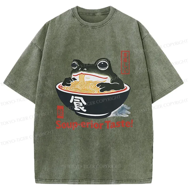 Tokyo-Tiger Retro Frog Eating Ramen Washed T-Shirt
