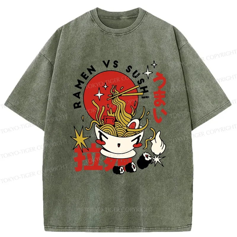 Tokyo-Tiger Retro Ramen And Sushi Washed T-Shirt