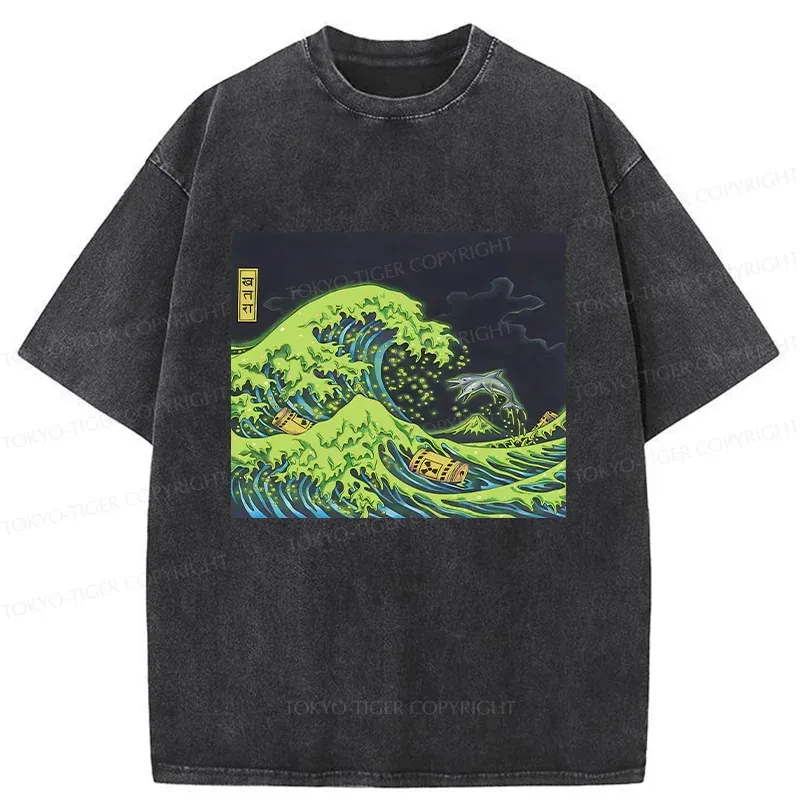 Tokyo-Tiger Polluted Ocean Waves Washed T-Shirt