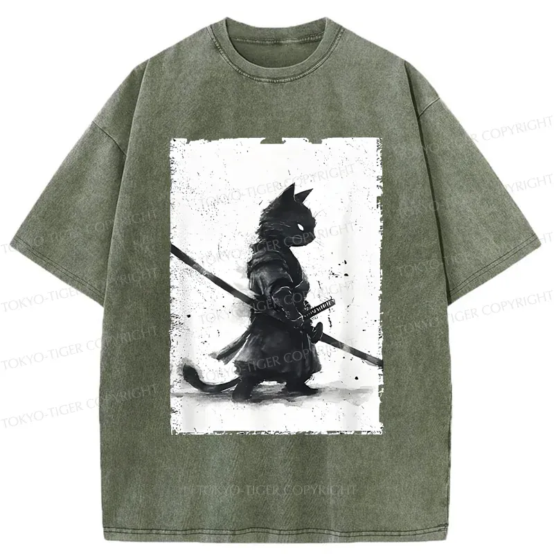 Tokyo-Tiger Retro Cat Samurai Washed T-Shirt