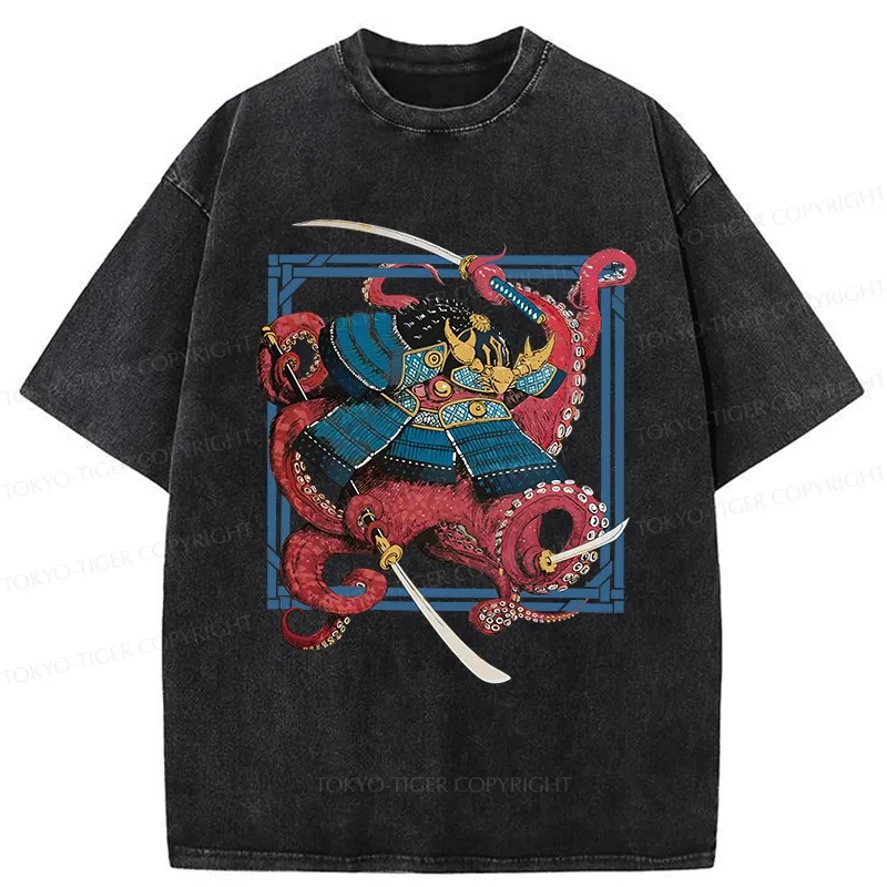Tokyo-Tiger Samurai Octopus Swinging Sword Washed T-Shirt